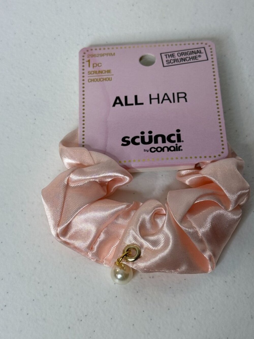 Scunci Blush Pink Satin Scrunchie Pearl Charm Coquette Hair Tie